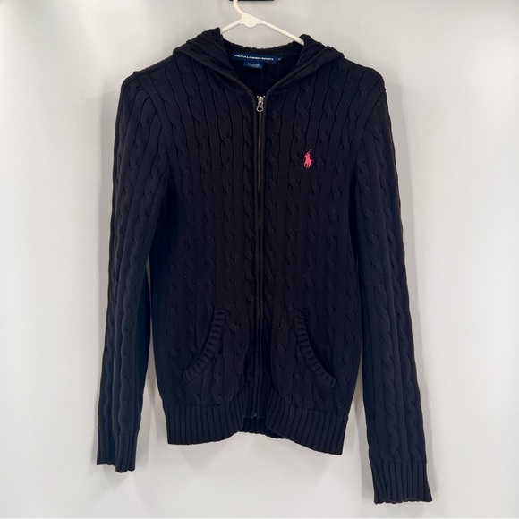 RALPH LAUREN SPORT Brown Cable Knit Full Zip Hoodie M White Pony Prep Preppy - Picture 1 of 8